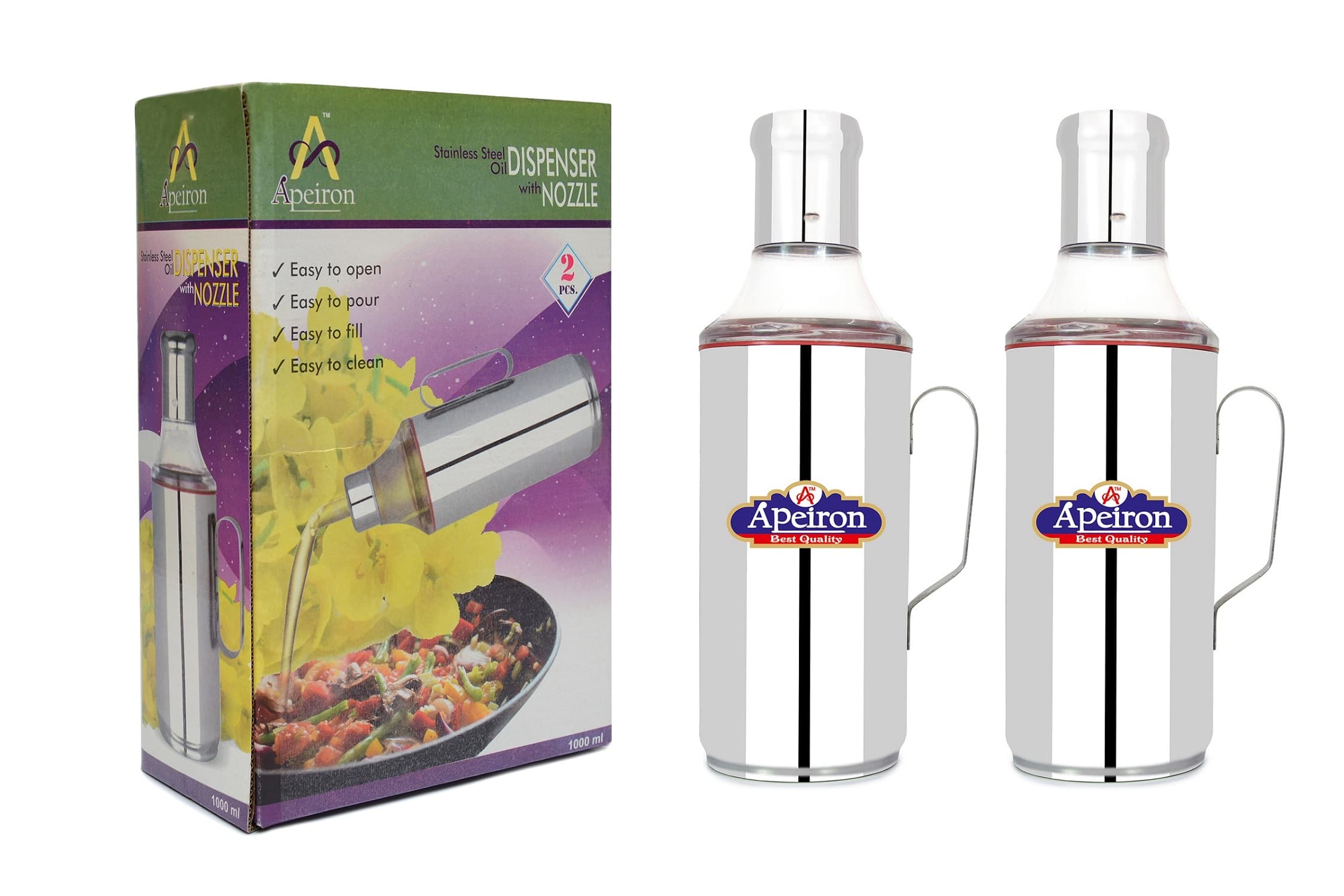 Apeiron Stainless Steel Transpharent Nozzle Red Oil Dispenser with Handle 1000ML Pack Of 2