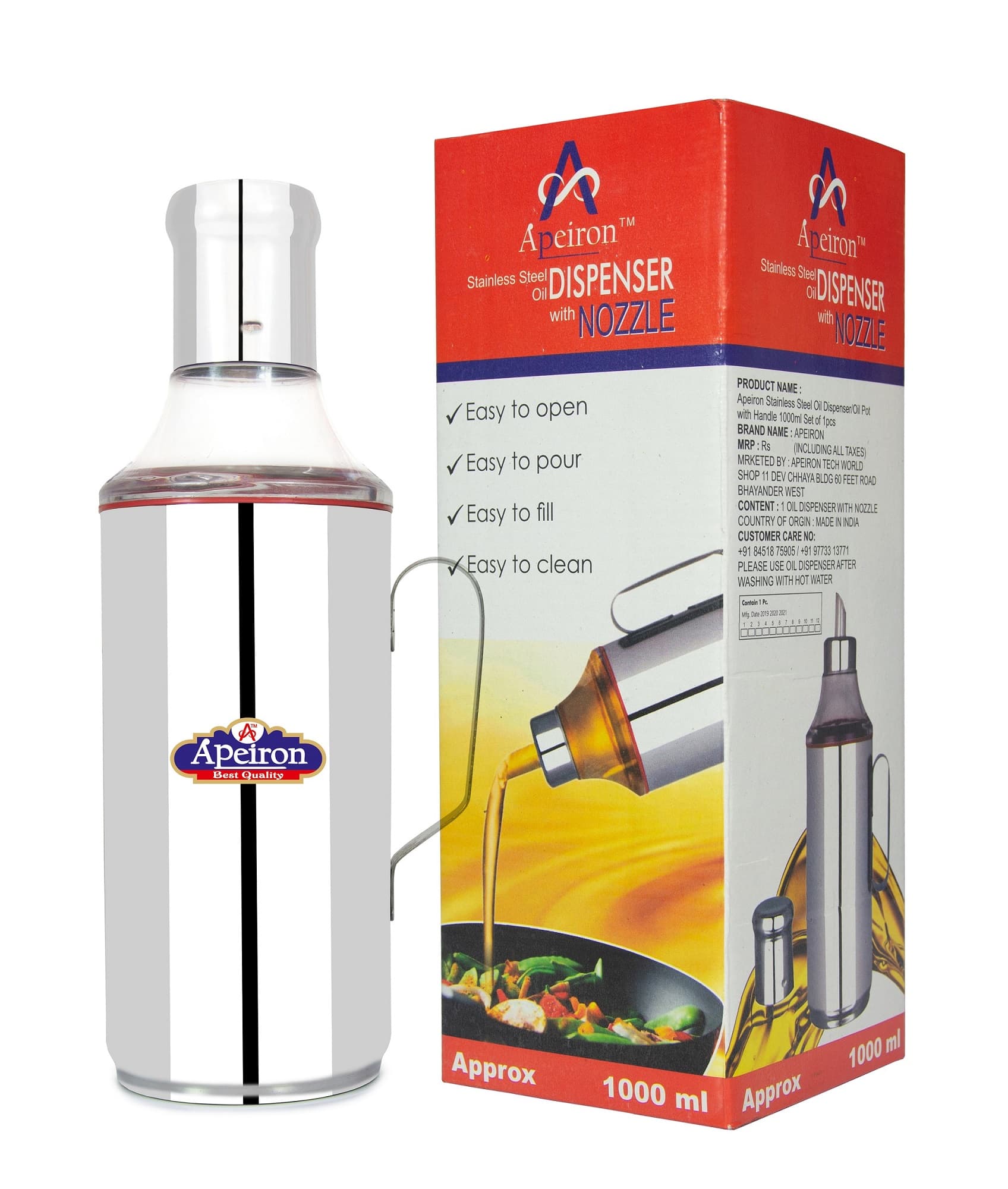 Apeiron Stainless Steel Transpharent Nozzle Red Oil Dispenser with Handle 1000ML Pack Of 1