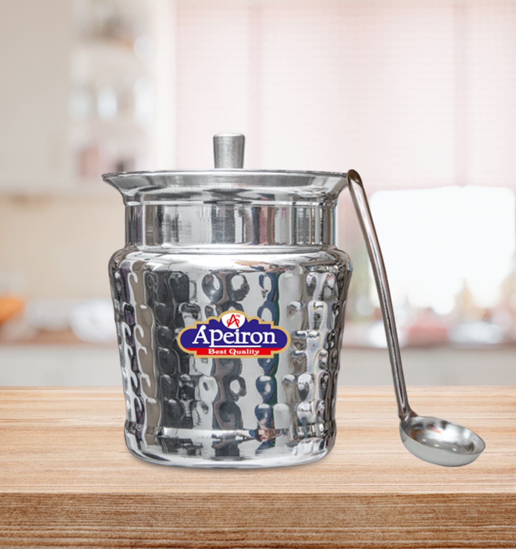 Apeiron Stainless Steel Apple hammered Ghee/Oil Pot with Spoon and Lid - Pack of 1