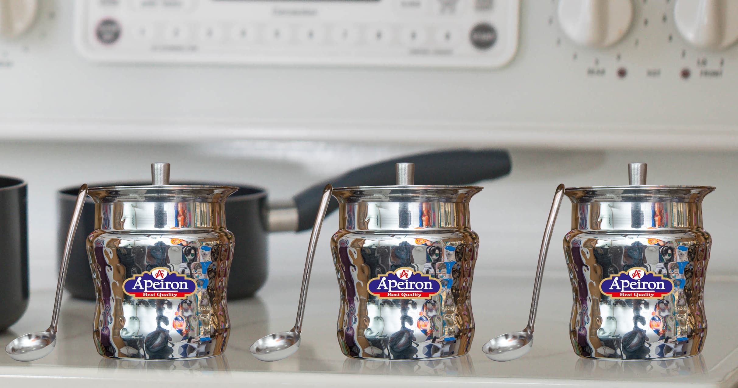 Apeiron Stainless Steel Apple hammered Ghee/Oil Pot with Spoon and Lid - Pack of 3