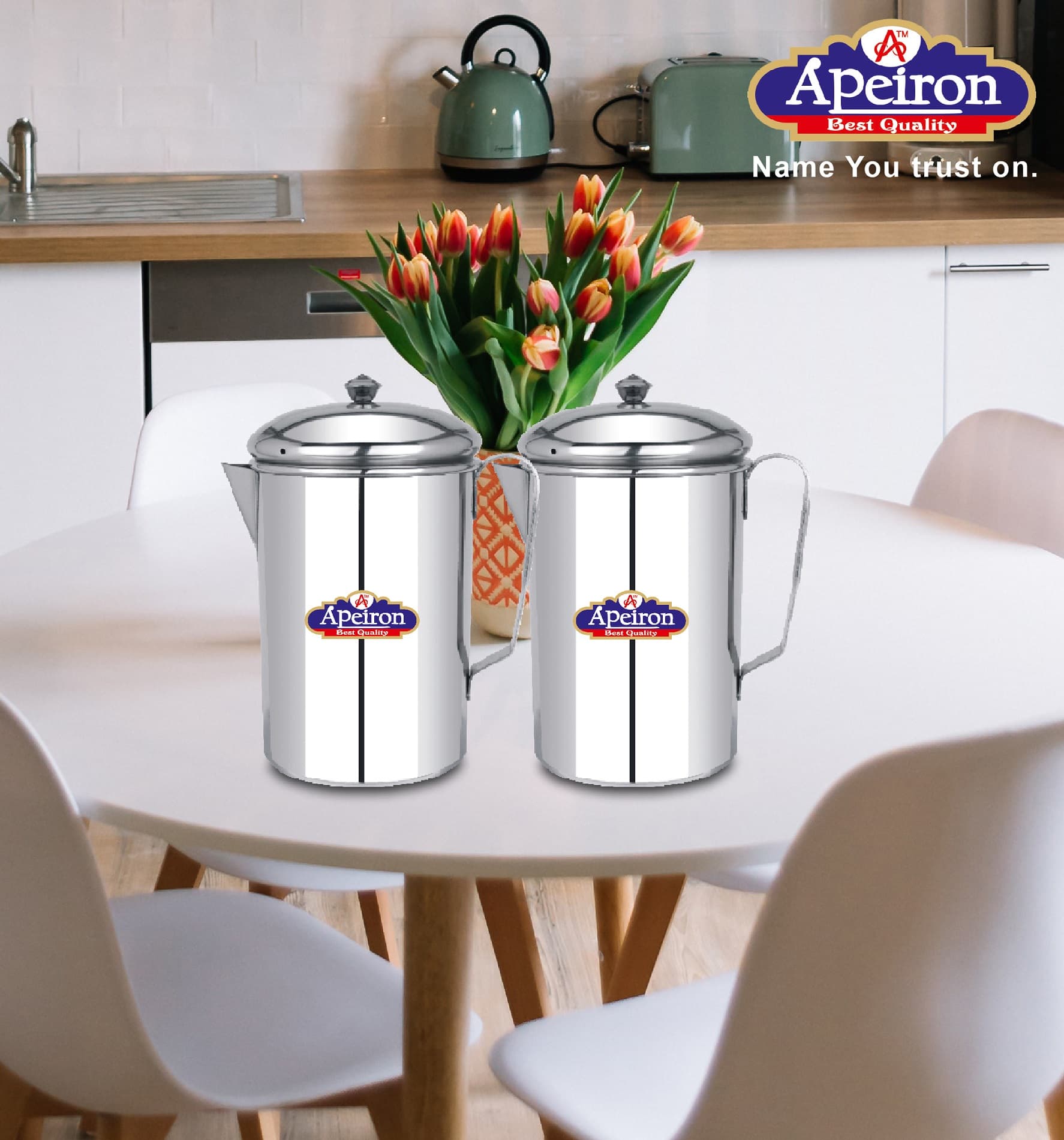 Stainless Steel Water jug with Lid and Handle (Pack of 2)