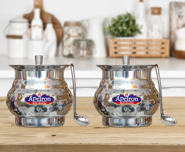 Stainless Steel Ghee/Oil Pot with Spoon and Lid (Lota Hammered) 300 ML - Pack of 2