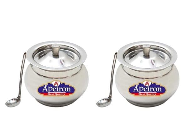Apeiron Stainless Steel Kalash Shape Ghee/Oil Pot with Spoon and Lid - 350 ml Pack of 2