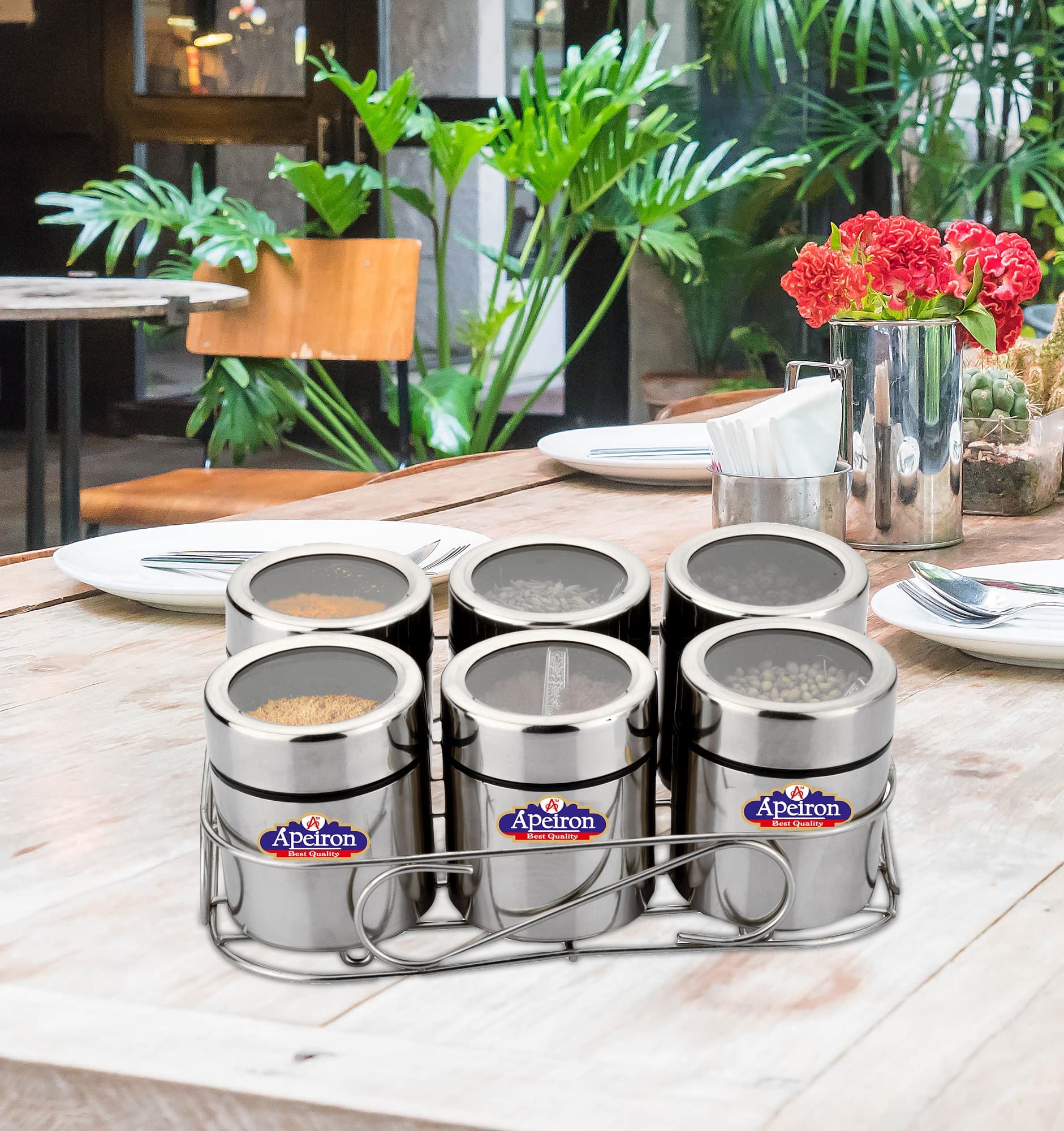 Apeiron Stainless Steel Masala/Multipurpose Dabba with Wire Stand and Spoon (Pack of 6)