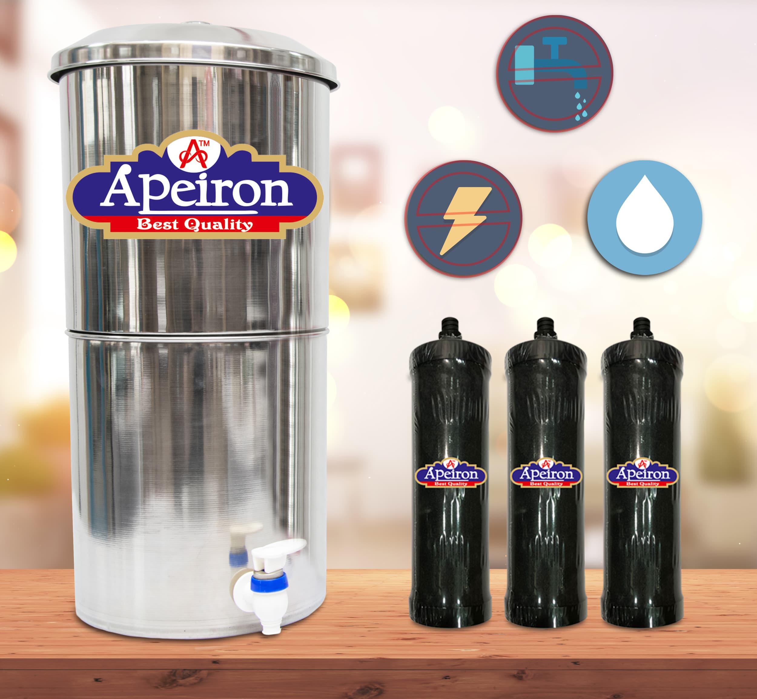 Apeiron Stainless Steel Water Filter 24LTR With 3 Carbon Candle And Tap