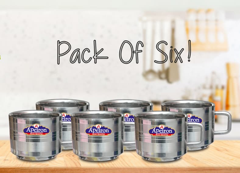 Apeiron Stainless Steel Double Wall Tea Cup Coffee Cup 100 ML (Pack of 6) (Normal Tool Touch)