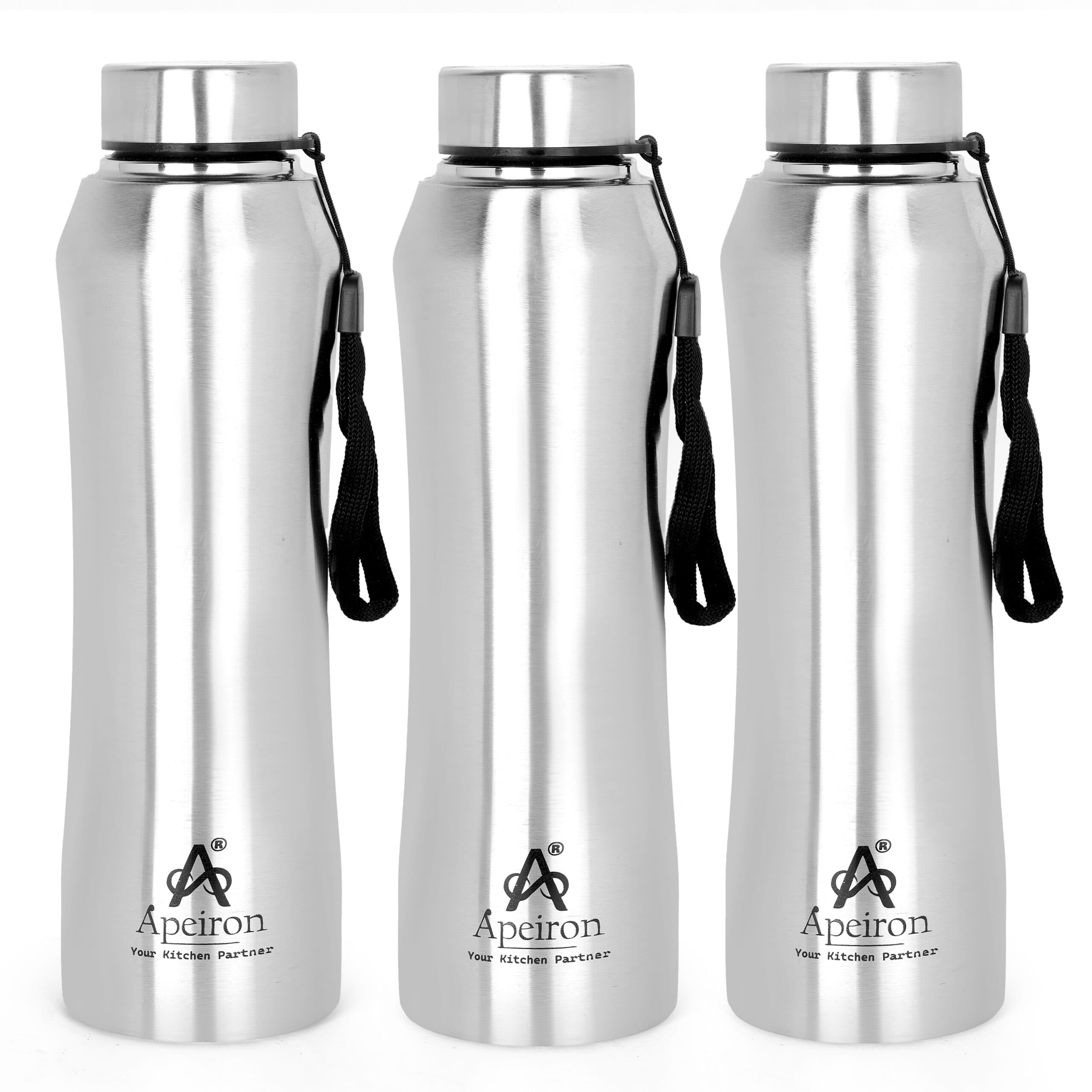 Apeiron Stainless Steel Silver Single Wall Leak Proof Diamond Fridge Water Bottle 1000ml Pack Of 3